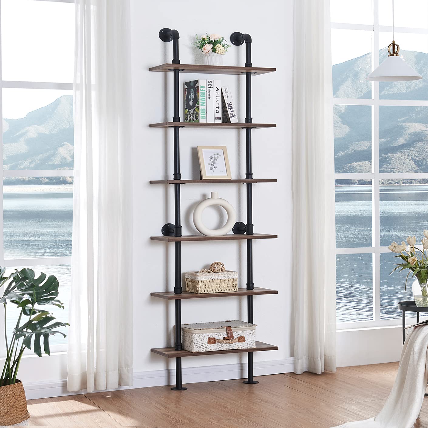 HOMBAZAAR Industrial 6-Tier Wall Mounted Bookshelf with Metal Frame in Oak Brown - WoodArtSupply