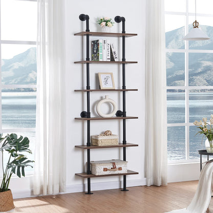 HOMBAZAAR Industrial 6-Tier Wall Mounted Bookshelf with Metal Frame in Oak Brown - WoodArtSupply