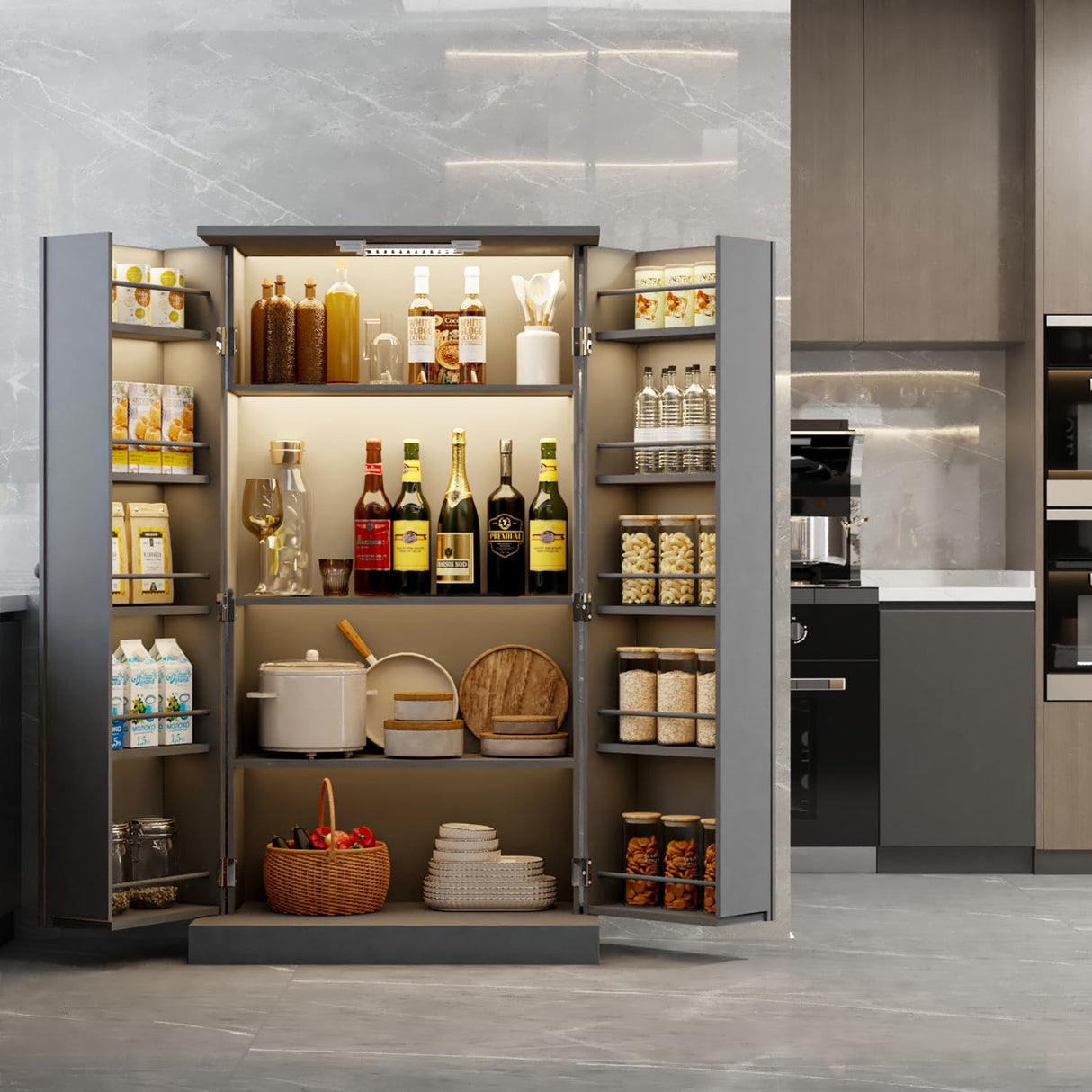 FJTJBSI 50" LED Kitchen Pantry Cabinet with 3 Adjustable Shelves and 2 Doors Wood Pantry Storage Cabinet with Handle for Kitchen Living Room and Dinning Room Grey FJTJBSI