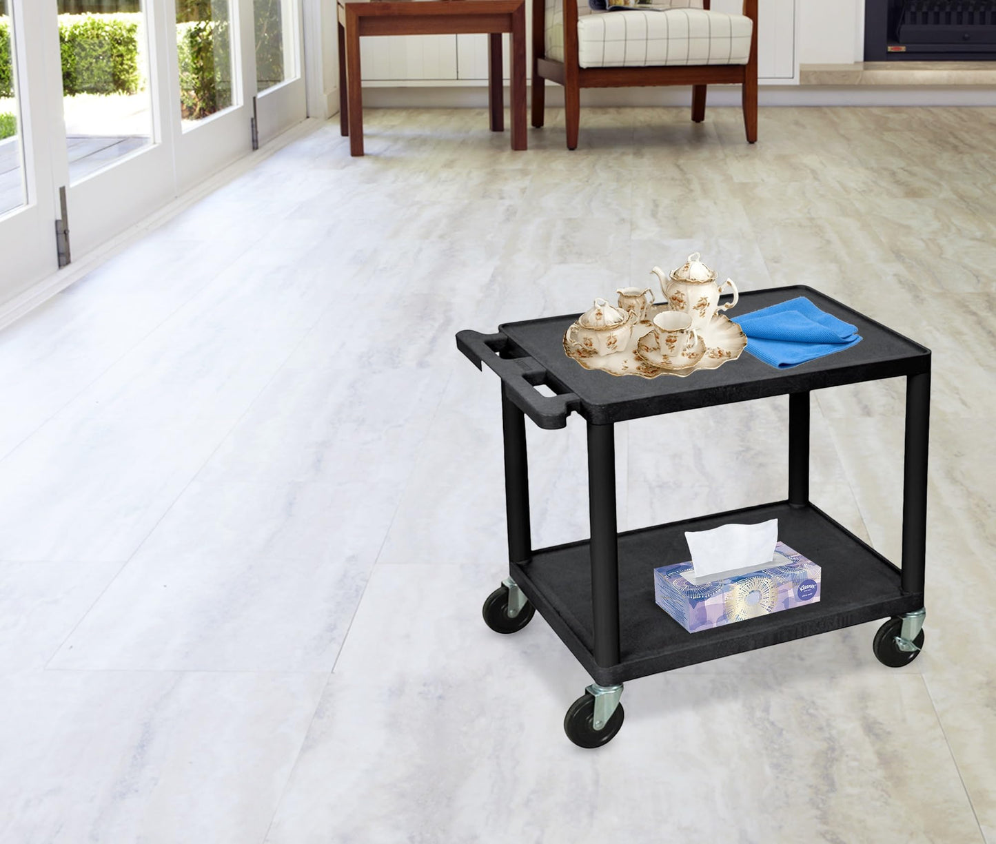 LUXOR LP26-B 26"H AV Cart with Two Shelves, 300 lbs. Capacity, Made of Recycled Molded Plastic, Scratch, Dent, Rust and Stain Resistant