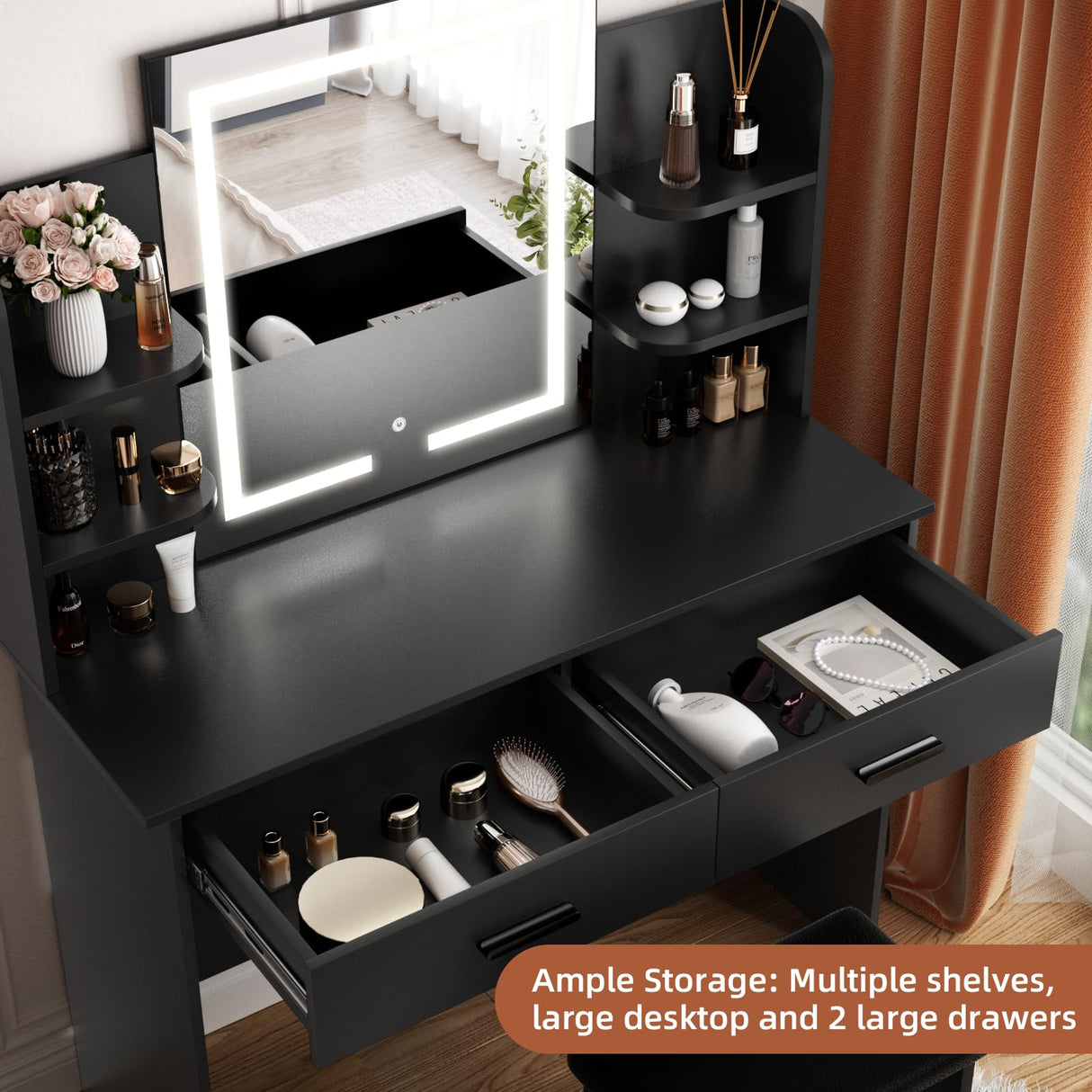 SMOOL Vanity Desk with Lighted Mirror - Makeup Vanity Table with 3 Color Light Options Adjustable Brightness, Vanity with 6 Storage Shelves, 2 Large Drawers, Vanity Set for Girls Women, Black SMOOL