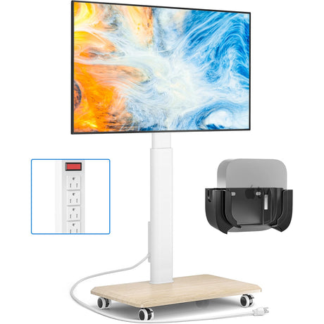 Rfiver Sleek Rolling TV Stand with Power Outlet for Home Decor, Height Adjustable Portable TV Stand on Wheels for 32-70 Inch TVs, Strong Tall Mobile TV Cart with Mount Up to 88 lbs, White Rfiver