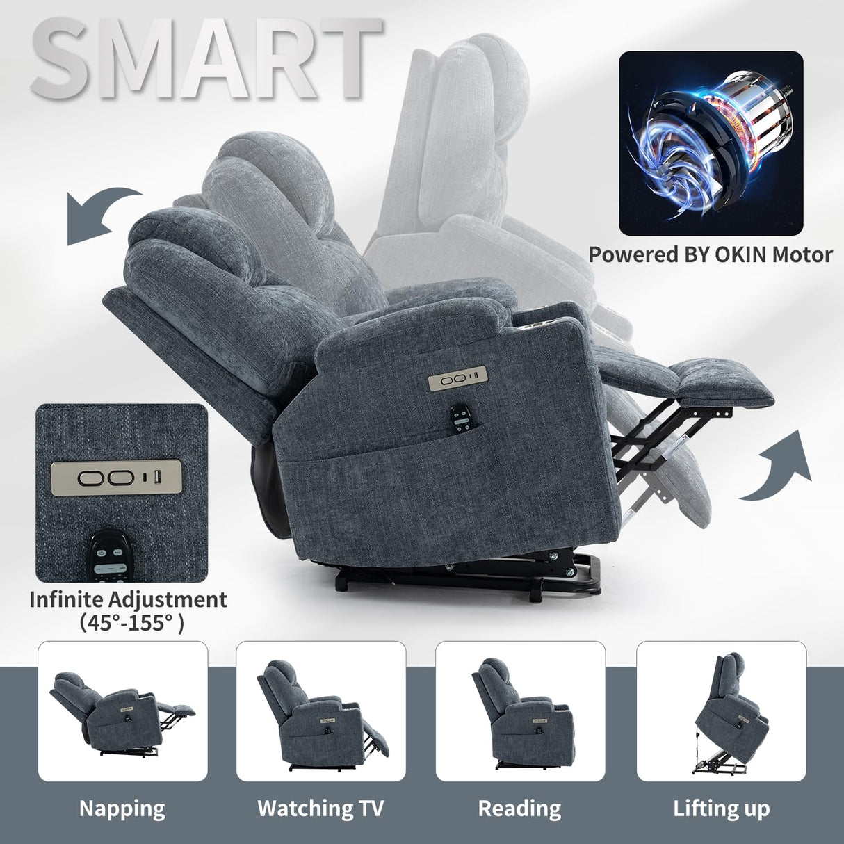 Trustyue Upgraded Power Lift Recliner Chair with Massage & Heat, Premium Motor, Max 155° Reclining, Standing Assistance for Elderly, USB Ports, Stainless Steel Cup Holders, Chenille Blue Trustyue