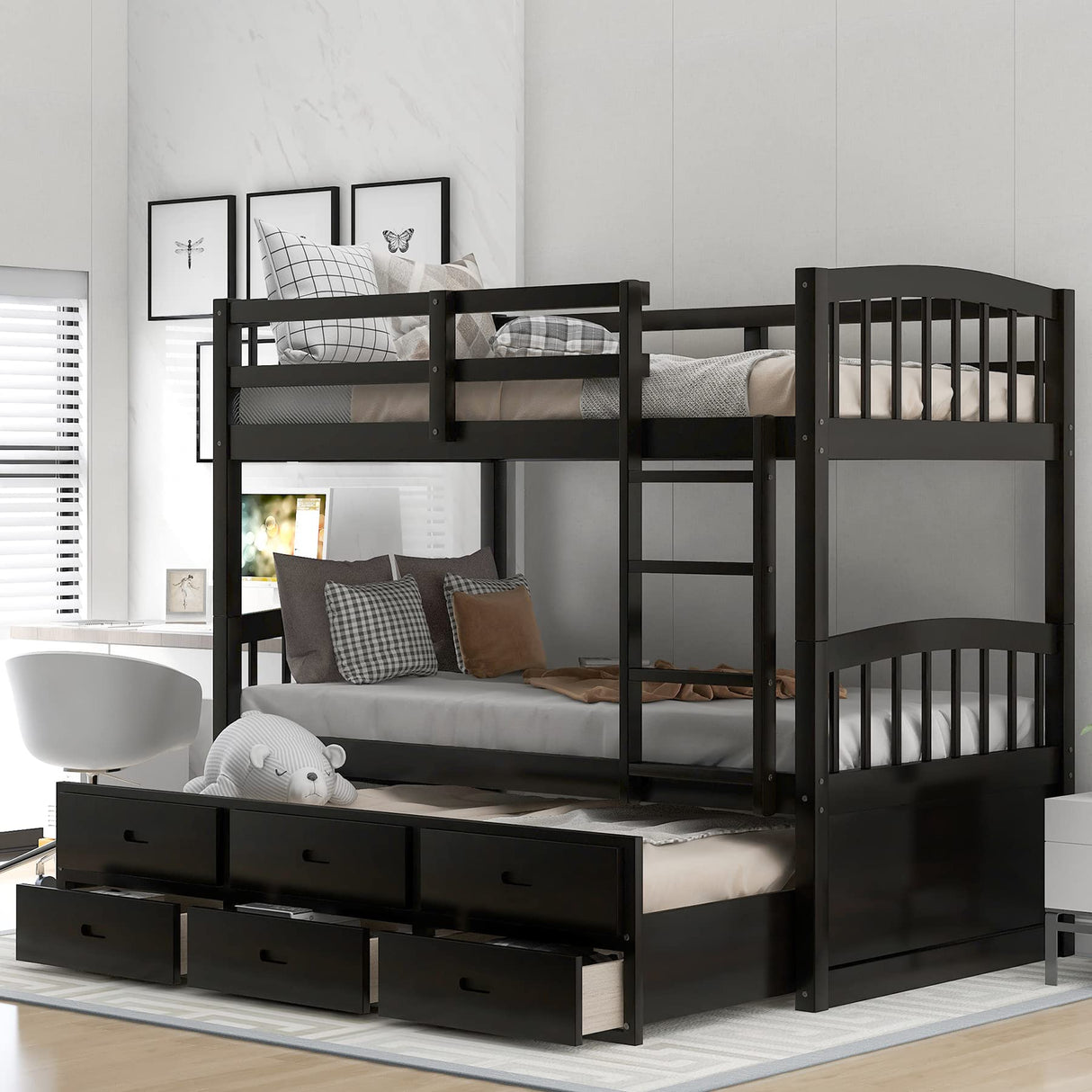 Harper & Bright Designs Twin Over Twin Bunk Bed with Trundle and Storage, Solid Wood Bunk Bed Frame with 3 Drawers for Kids, Teens, Adults (Espresso) Harper & Bright Designs