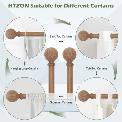 HTZON 2 Pack Wood Curtain Rods for Windows 28 to 48 Inch,1 Inch Wood Grain Ball Adjustable Curtain Rod,Boho Heavy Duty Curtain Rods,Farmhouse Rustic Window Curtains Rods,Brown Drapery Rods Set 18-45"