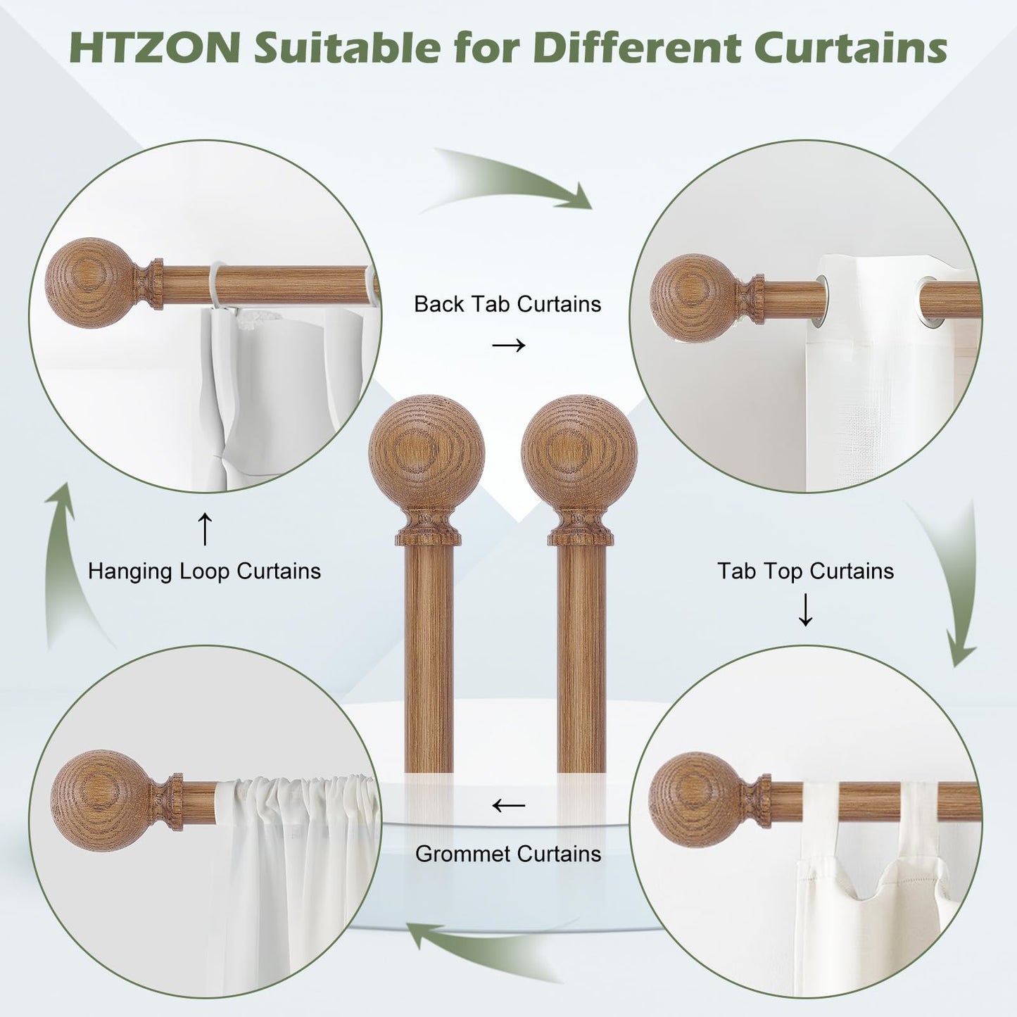 HTZON Wood Curtain Rods for Windows 48 to 84 Inch,1 Inch Wood Grain Ball Adjustable Curtain Rod,Boho Heavy Duty Curtain Rods,Farmhouse Rustic Single Window Curtains Rods,Brown Drapery Rods Set 36-88"