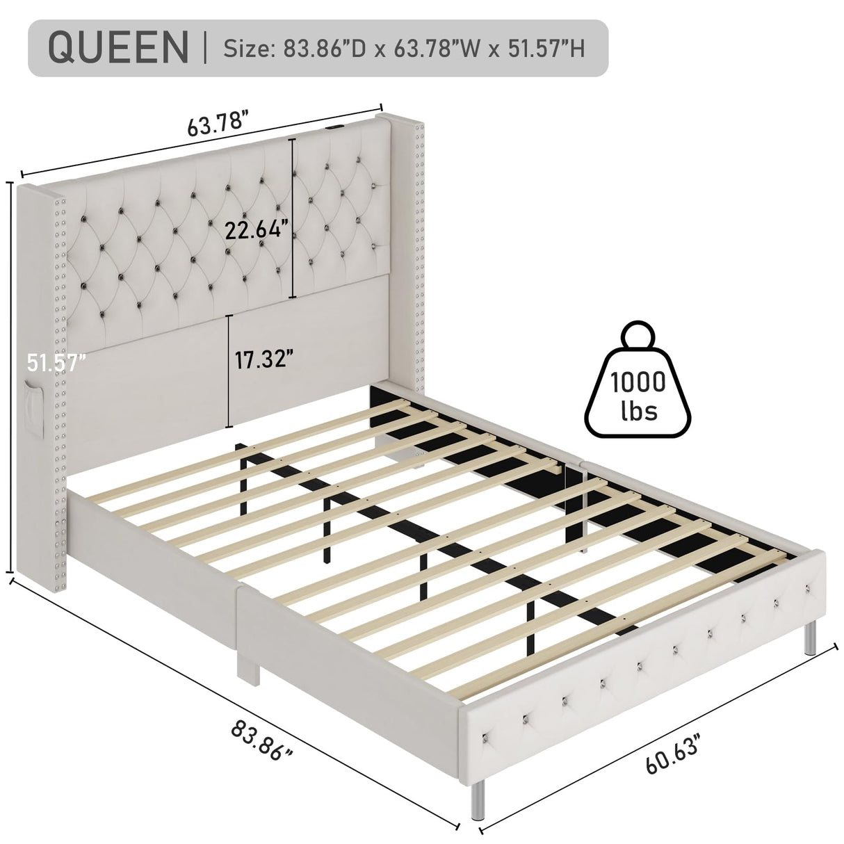 Queen Velvet Upholstered Bed Frame with Wingback Headboard, LED Lights, USB & Type-C Ports, Cream Hlivelood