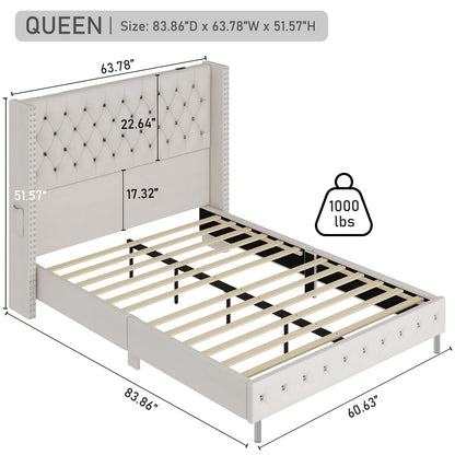 Hlivelood Queen LED Upholstered Bed Frame with Wingback Headboard, Velvet Diamond Button Tufted Bed Frame w/USB&Type-C Ports, Pocket and LED Lights, Wood Slats Support, No Box Spring Needed, Cream