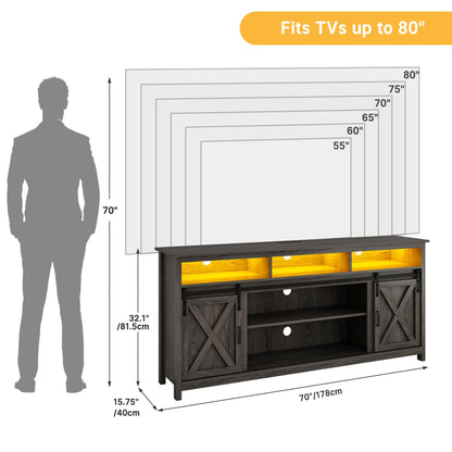 Vinctik 6&Fox 70in Wooden Farmhouse Entertainment Center for 80/75 inch TV,Double Layer Storage Farmhouse TV Stand,Double-Row Sockets with Wood Sliding Barn Door TV Stand(Double Layer Grey Wash)