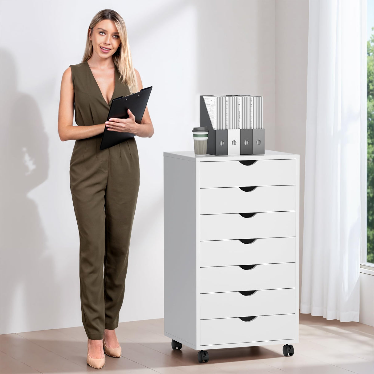 7 Drawer Chest, Storage Cabinet Dressers with Wheels, Dressers Storage Cabinets, Dresser Mobile Cabinet with Wheels, Room Organizer, Small Drawers Wood Organization Furniture for Office, Home, White Simple Deluxe