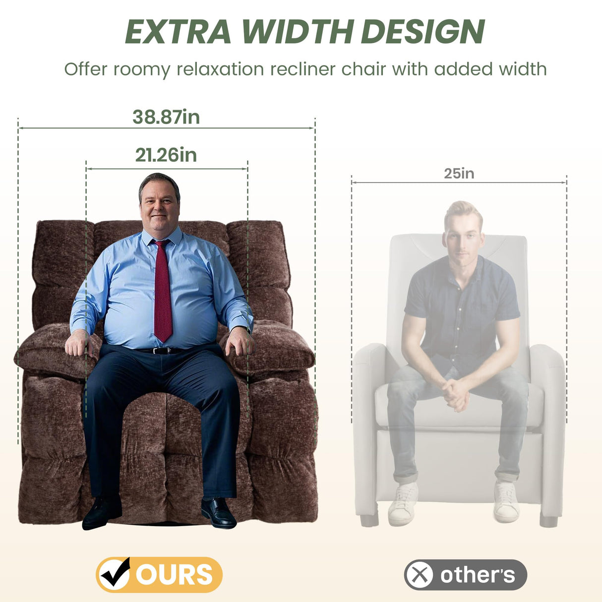 VIKAYAMICS Oversized Rocker Recliner Chair 42” Power Swivel Recliner for Living Room Overstuffed Extra Wide Rocking Recliners with Breathable Soft Fabric Up to 400lbs(Manual Brown) VIKAYAMICS