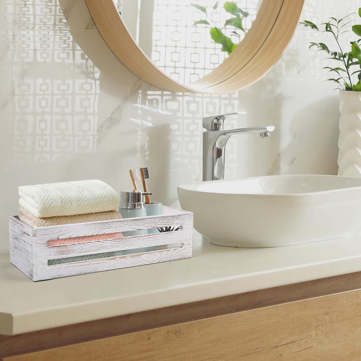 LotFancy Bathroom Decor Box, 2 Pack Wooden Toilet Paper Holder, White Toilet Storage Basket for Back of Toilet, Farmhouse Toilet Tank Topper LotFancy