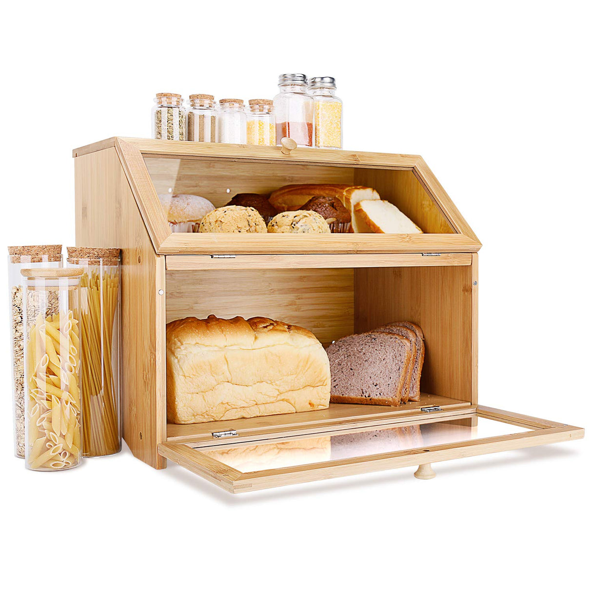HOMEKOKO Double Layer Large Bread Box for Kitchen Counter, Wooden Large Capacity Bread Storage Bin (Natural Bamboo) HOMEKOKO