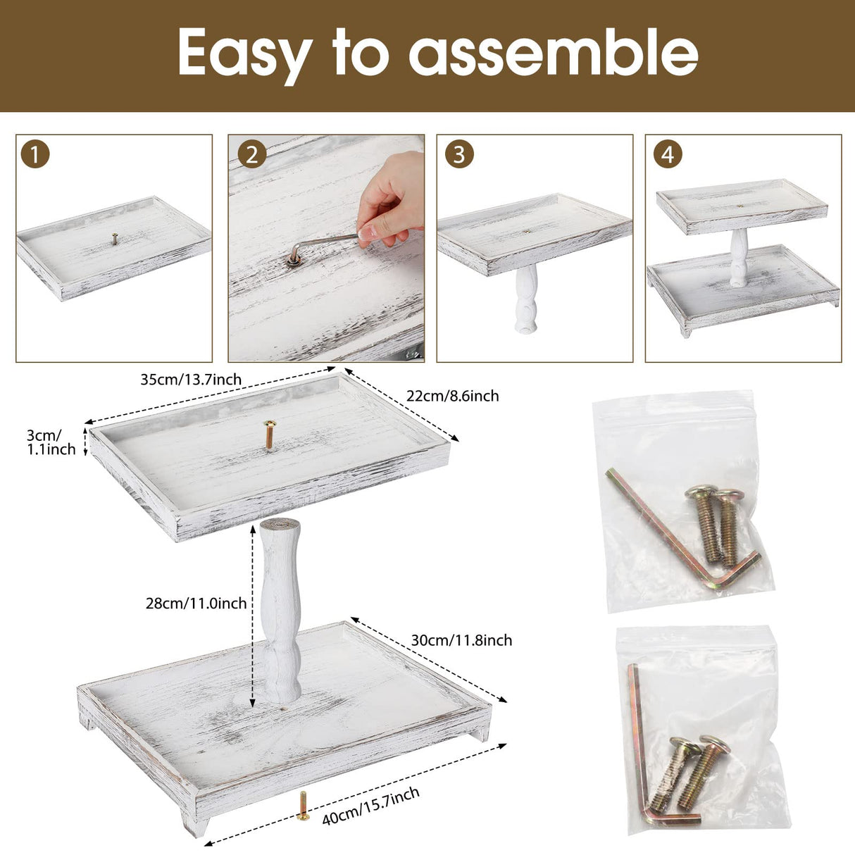 Farmhouse Tiered Tray Stand Wooden Rustic 2 Tier Tray Stand Rectangular Tray Serving Two Tiered Tray Stand for House Kitchen Cake (White) Yalikop