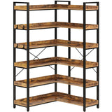 Rolanstar Bookshelf 6 Tier with 4 Hooks, Reversible Corner Bookshelf, 69" Industrial Wooden Bookcase with Open Shelves and Metal Frame for Living Room, Bedroom, Home Office, Rustic Brown Rolanstar