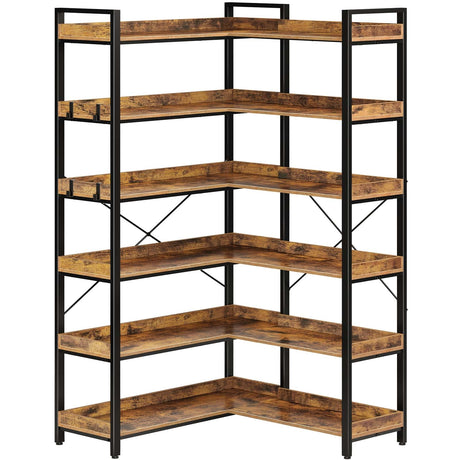 Rolanstar Bookshelf 6 Tier with 4 Hooks, Reversible Corner Bookshelf, 69" Industrial Wooden Bookcase with Open Shelves and Metal Frame for Living Room, Bedroom, Home Office, Rustic Brown Rolanstar
