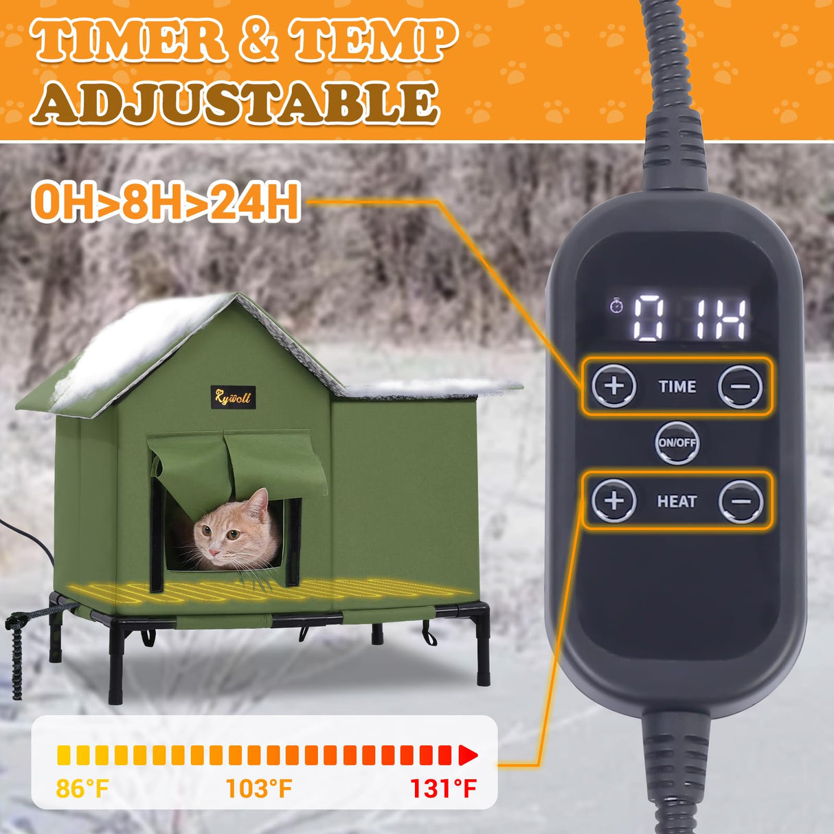 Rywell Heated Cat House for Outside Large,Super Insulated&Weatherproof,Heated Cat House for Cats, Elevated Heated Outdoor Cat House for Feral Cat with Waterproof Eaves,Timer & Temp Adjustable Rywell