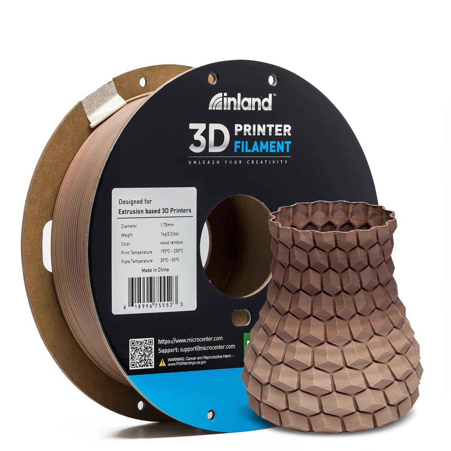 Micro Center Inland Matte PLA 3D Printer Filament, Matte Wood Rainbow 3D Printing Filament 1.75mm, 1kg Cardboard Spool (2.2 lbs), Dimensional Accuracy +/- 0.03mm, FDM/FFF 3D Printers - WoodArtSupply