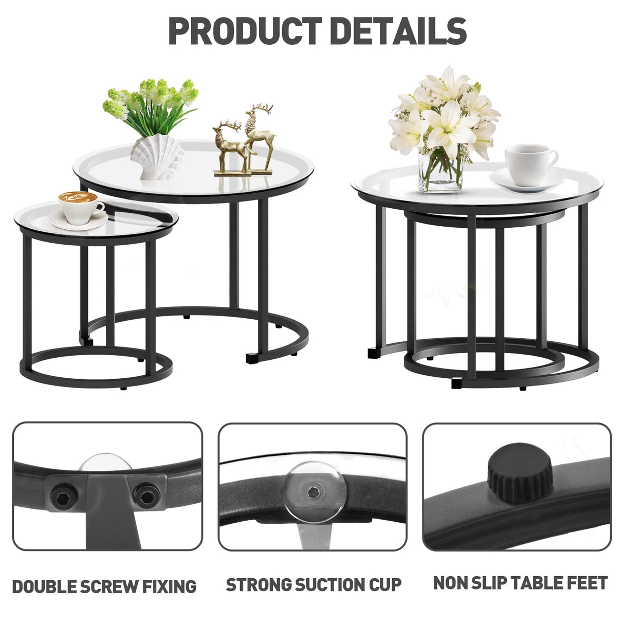 aboxoo Black Nesting Coffee Glass Table Set of 2, Metal Freme Side End Tables for Living Room Bedroom for Apartment Small Place Modern Industrial Simple, 23.6D x 23.6W x 17.7H in aboxoo
