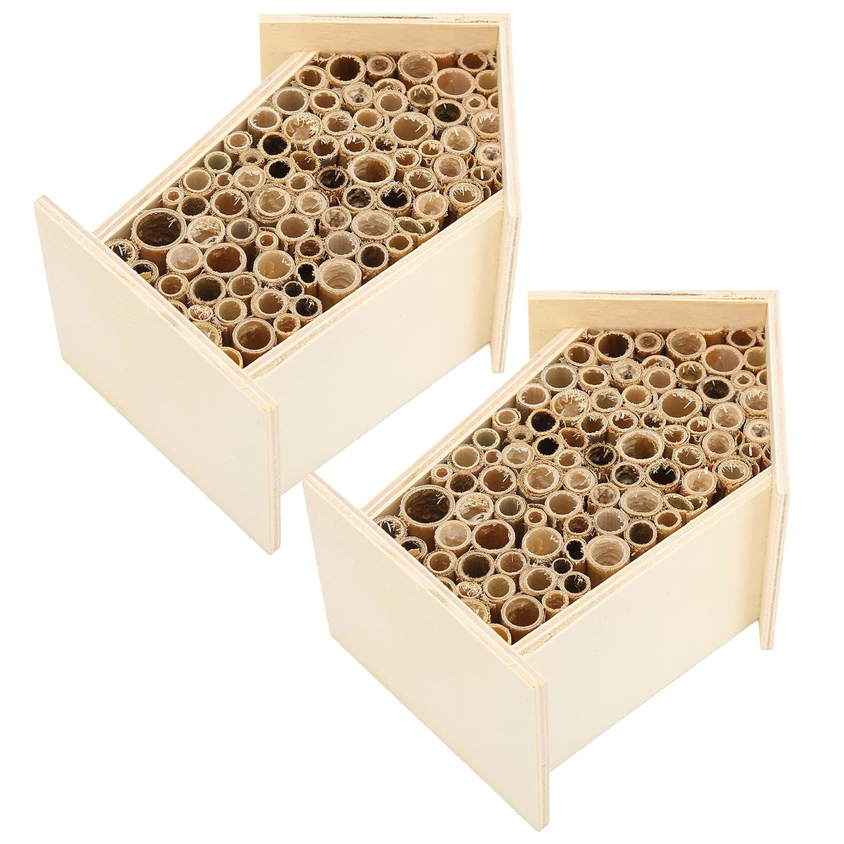 Native Hive Wooden Bee House, Natural Handmade Wooden Bee Box Habitat with Bamboo Tubes,Insect House Shelter for Attracting Peaceful Bee Pollinators (2PCS) Restokki