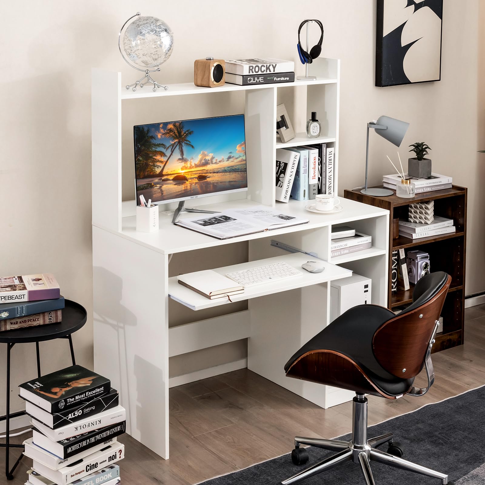 IFANNY White Modern Computer Desk with Hutch, Built-in Charging Station & Ample Storage - WoodArtSupply