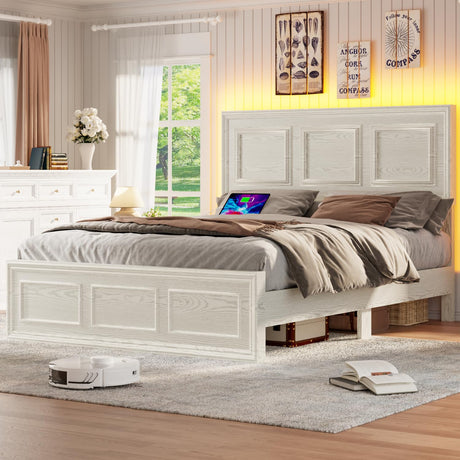 Incyneva Farmhouse Platform Full Bed Frame Wood with Adjustable Headboard, LED Light and Charging Station, No Box Spring Needed, Noise Free, Geometric Design & Antique White Incyneva