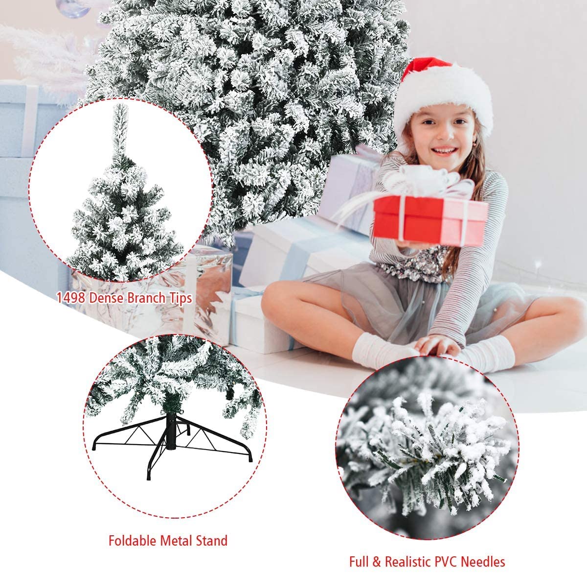 BANGTANE 9FT Snow Flocked Christmas Tree, Artificial Faux-Pine Xmas Tree with Premium PVC Needles, Foldable Metal Stand, Full Hinged Christmas Tree Holiday Décor for Indoor & Outdoor (9FT)