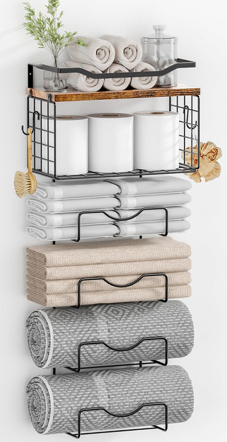 Towel Racks for Bathroom,Towel Rack Wall Mounted, 6 Tier Rolled Or Folded Towel Holder with Floating Shelves, Bathroom Towel Holder for Bath, Hand Towels,Metal and Wood LIDTOP