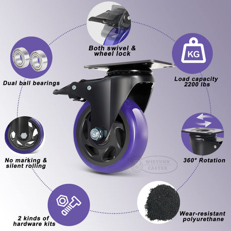 5 Inch Caster Wheels with Brake, Heavy Duty Casters Set of 4 2200lbs, Swivel Casters with Double Ball Bearings, Dual Locking Casters,Wheels for Cart,Furniture,Cabinets,Workbench (Two Hardware Kits Wieyunn