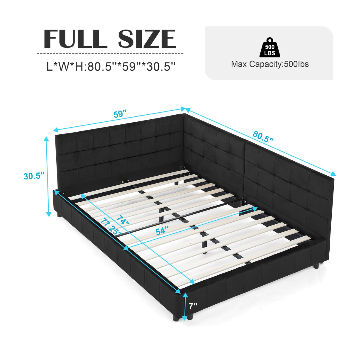 EYATZO Full Size Daybed L-Shaped, Modern Velvet Upholstered Sofa Day Bed Frame with Wood Slats for Living Room Bedroom Guest Room, No Box Spring Needed, Black EYATZO