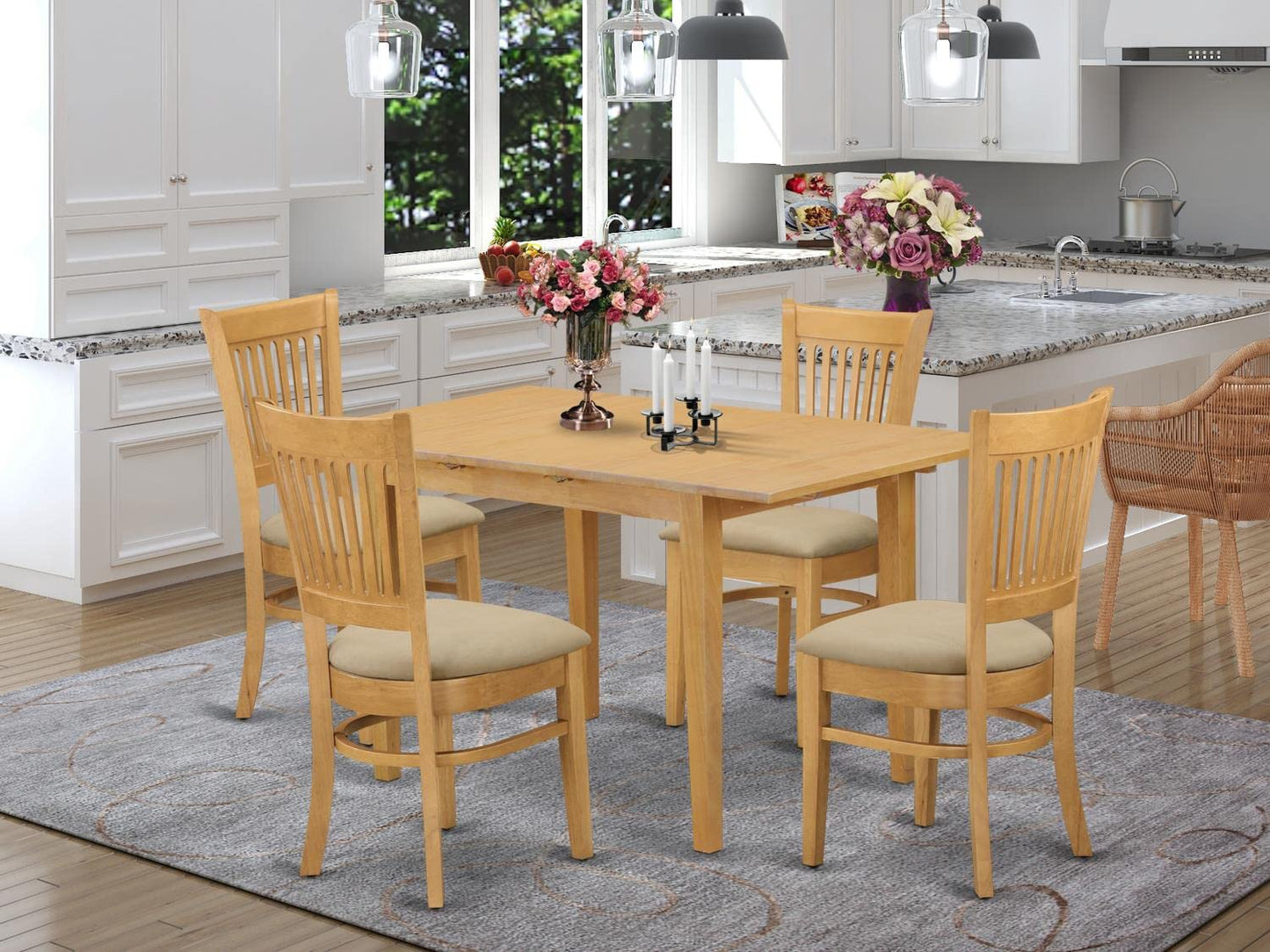 East West Furniture Norfolk 5 Piece Set for 4 Includes a Rectangle Kitchen Table with Butterfly Leaf and 4 Linen Fabric Dining Room Chairs, 32x54 Inch, Oak - WoodArtSupply