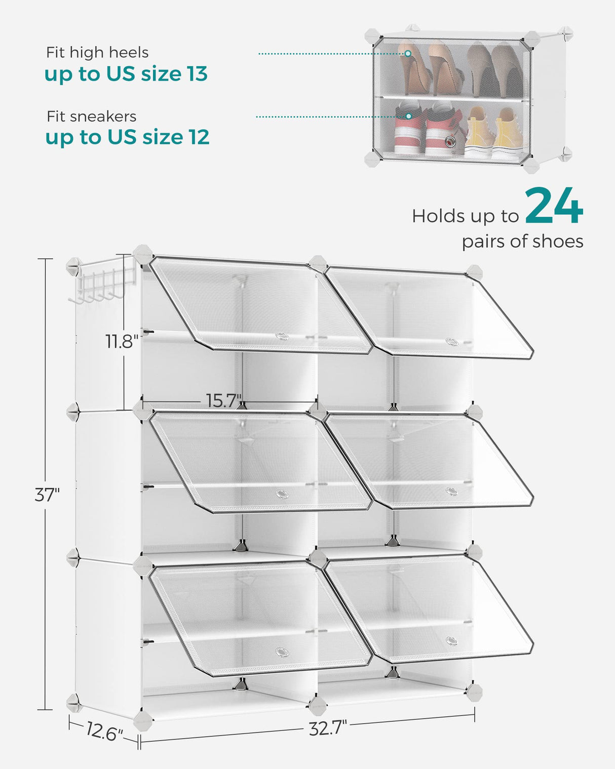 SONGMICS Shoe Rack Organizer, 6-Tier Shoe Storage Cabinet for Closet and Entryway, Holds 24 Pairs of Shoes, Adjustable, White ULPC033W01 SONGMICS