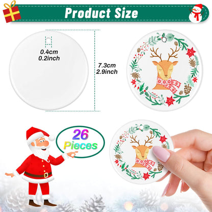 26 Pieces Ceramic Sublimation Ornaments Blanks, 2.87 Inches Ceramic Ornaments for Sublimation Christmas Ornaments Blanks Discs Ceramic Ornaments to Paint