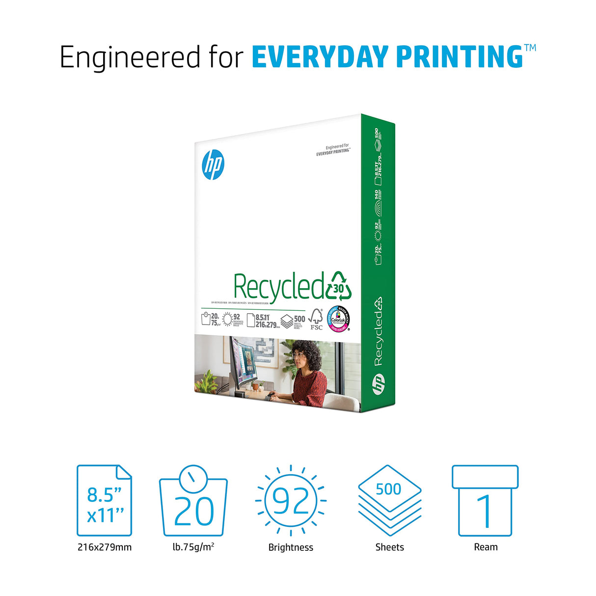 HP Printer Paper| 8.5 x 11 Paper | 30% Recycled Paper | 1 Ream - 500 Sheets | 92 Bright | Made in USA - FSC Certified |112100R HP Papers