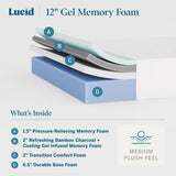 LUCID 12 Inch Gel Memory Foam Mattress – Medium Plush Feel, Bamboo Charcoal Infused for Odor Control, Cooling Gel for Temperature Regulation, Pressure Relief, Breathable Bed in a Box – Queen Size LUCID