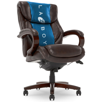 La-Z-Boy Bellamy Executive Office Chair with Memory Foam Cushions, Solid Wood Arms and Base, Waterfall Seat Edge, Bonded Leather, Brown