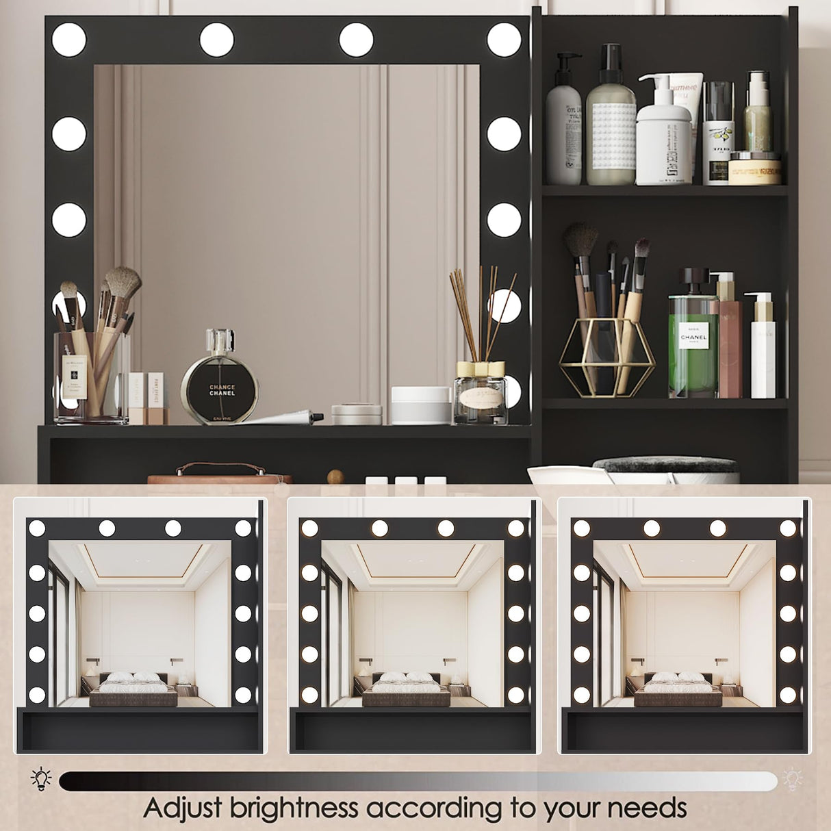 Palimder Vanity Desk with Mirror & Light, Large Drawer & Three Level Storage Dresser, 3 Lighting Modes Adjustable Brightness, Bedroom Dressing Table (Black) Palimder