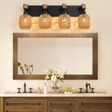 4 Light Bathroom Vanity Light Fixtures,Rustic Style Wood Bathroom Wall Sconce, with Boho Wicker Lampshade，Suitable for Bedroom, Hallway, and Living Room,Rattan Black Farmhouse Wall Sconce LmnLvn