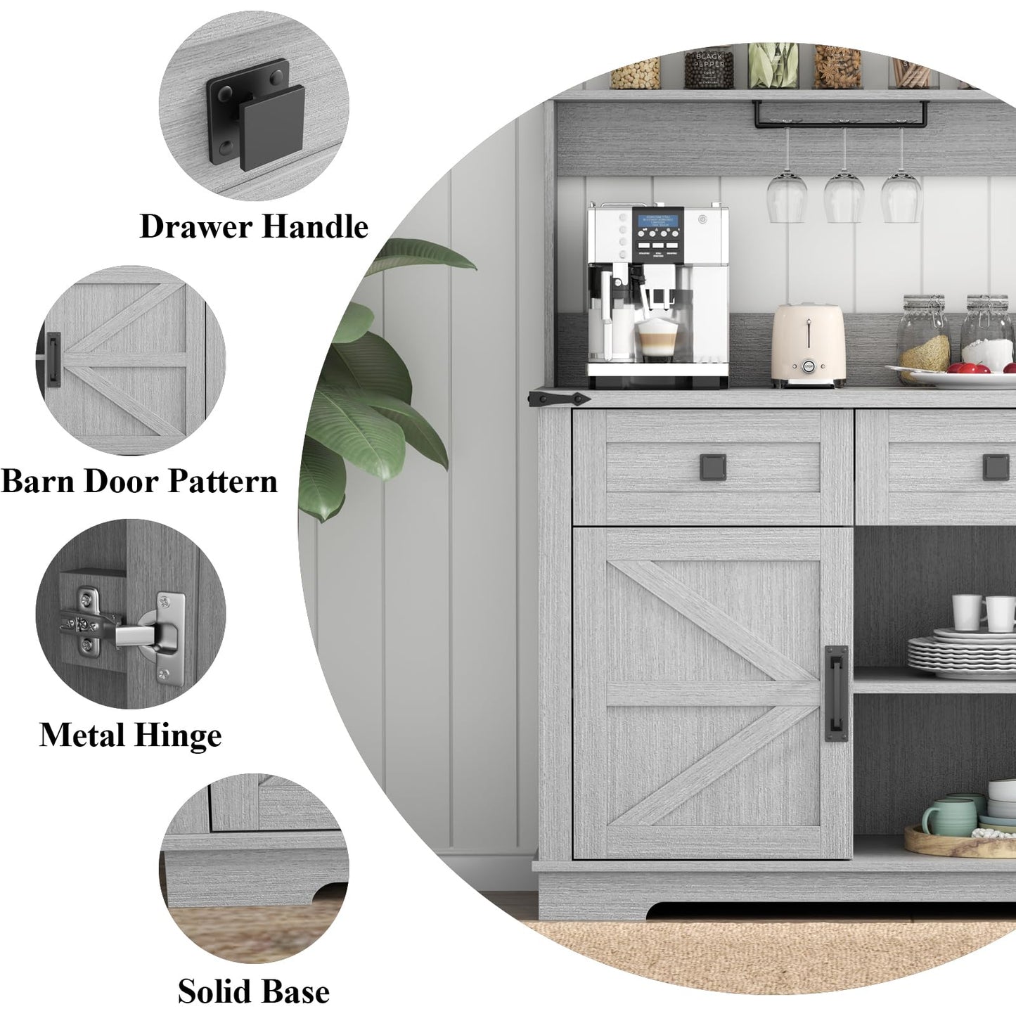 Gyfimoie Farmhouse Bar Cabinet with Hutch, Kitchen Buffet Cabinet with Storage Cabinet & 3 Sliding Drawers, Adjustable Shelf, Goblet Holder, Cup Hooks for Living Room, Dining Room Use (Grey)