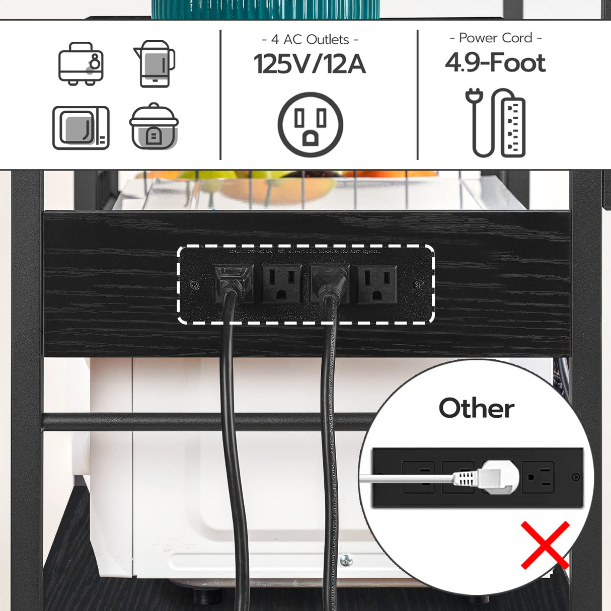 HOOBRO Kitchen Bakers Rack with Power Outlet, Coffee Bar, Microwave Oven Stand with Mesh Basket, Coffee Station with 4 S-Shaped Hook, Kitchen Shelf, for Kitchen, Living Room, Black BB05HB01 HOOBRO