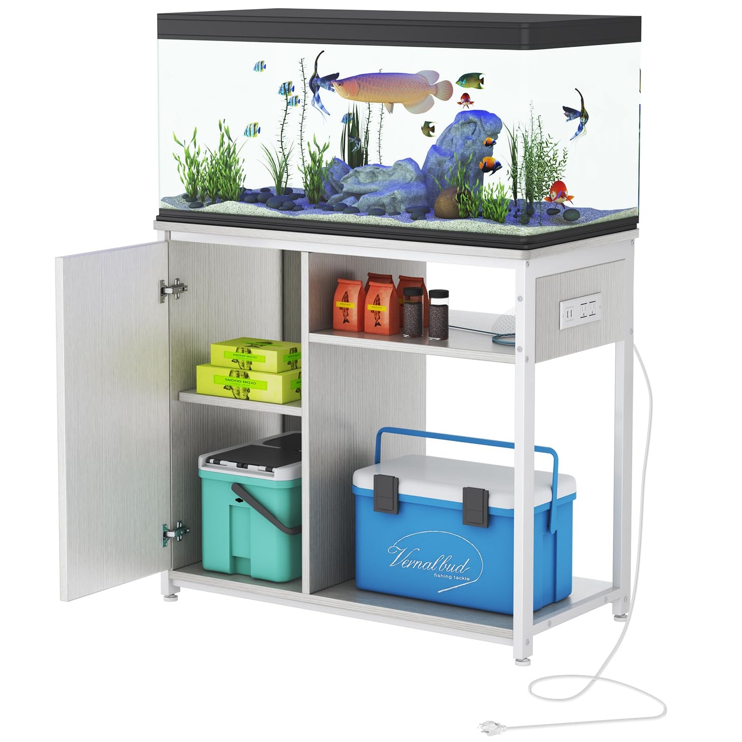 ZERDER Aquarium Stand with Power Outlets, Cabinet for Fish Tank Accessories Storage, Heavy Duty Metal Fish Tank Stand for Turtle Tank (White, 40-50 Gallons)