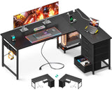 AODK L Shaped Gaming Desk with 4 Drawers, 61" Reversible Home Office Desks with Power Outlets, L Shaped Computer Desk with USB Charging Port and Host Stand, Corner Desk, Easy to Assemble, Black AODK
