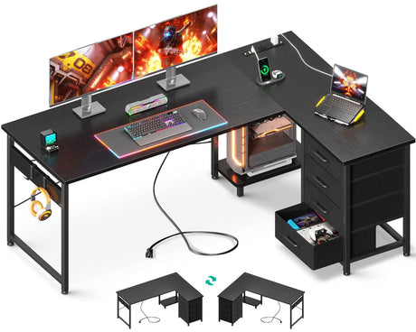 AODK L Shaped Gaming Desk with 4 Drawers, 61" Reversible Home Office Desks with Power Outlets, L Shaped Computer Desk with USB Charging Port and Host Stand, Corner Desk, Easy to Assemble, Black AODK
