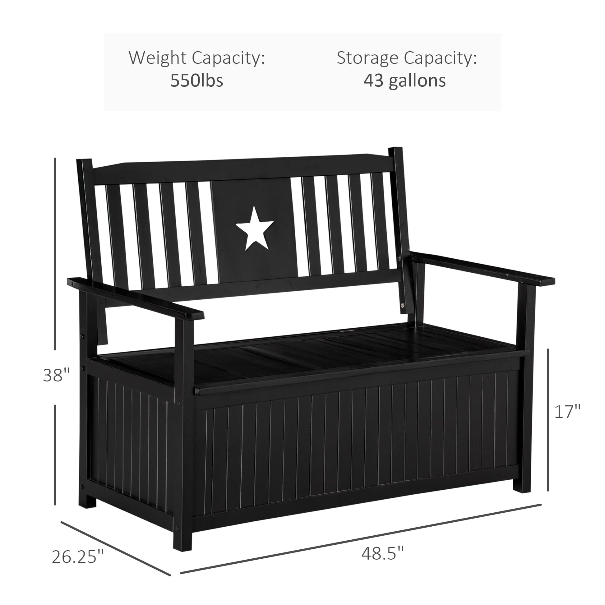 Outsunny 43 Gallon Outdoor Wooden Storage Bench with Backrest and Armrests, Black Star Motif - WoodArtSupply