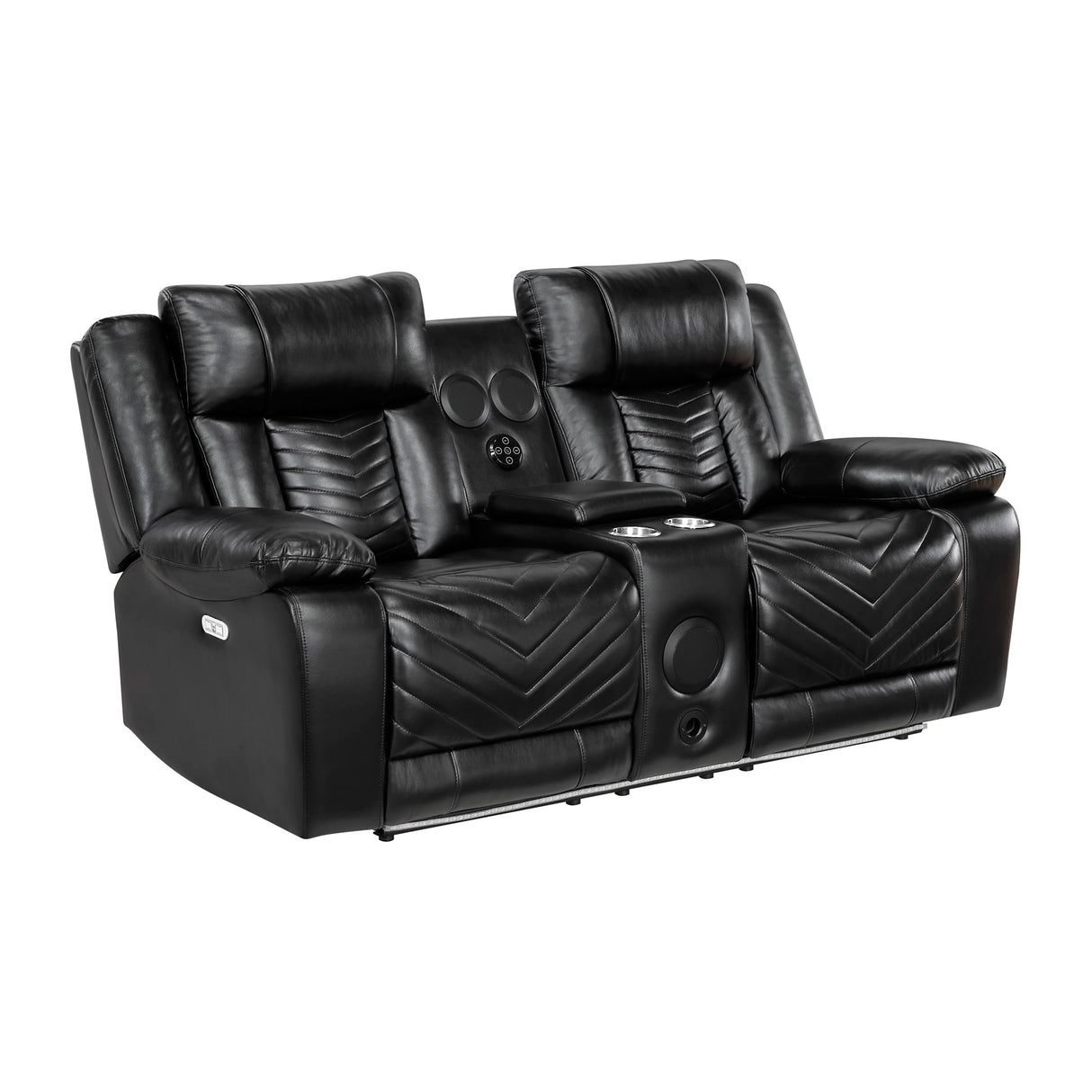 Lexicon Wall Hugger Power Double Reclining Loveseat with Console, Faux Leather Home Theater Seating with LED Lighting, Charging Ports, Bluetooth Speaker Wireless, Cup Holders, Hidden Storage, Black Lexicon