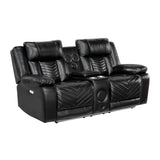 Lexicon Wall Hugger Power Double Reclining Loveseat with Console, Faux Leather Home Theater Seating with LED Lighting, Charging Ports, Bluetooth Speaker Wireless, Cup Holders, Hidden Storage, Black Lexicon