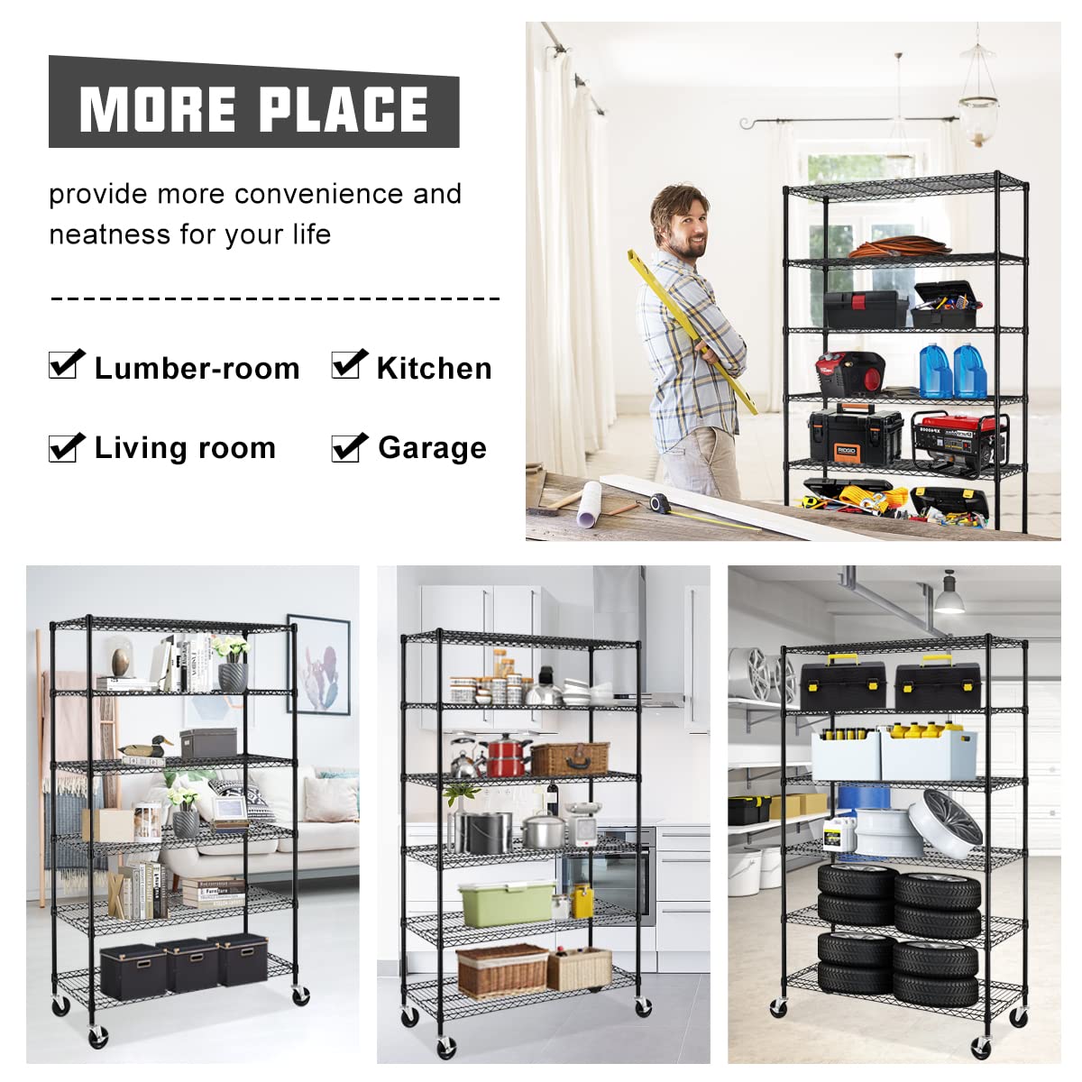 6 Tier Storage Shelves, 5999 Lbs Capacity Metal Shelf with Wheels Height Adjustable NSF Certification 48" L×18" W×72" H Heavy Duty Wire Shelving Units for Garage Pantry Kitchen Rack, Black