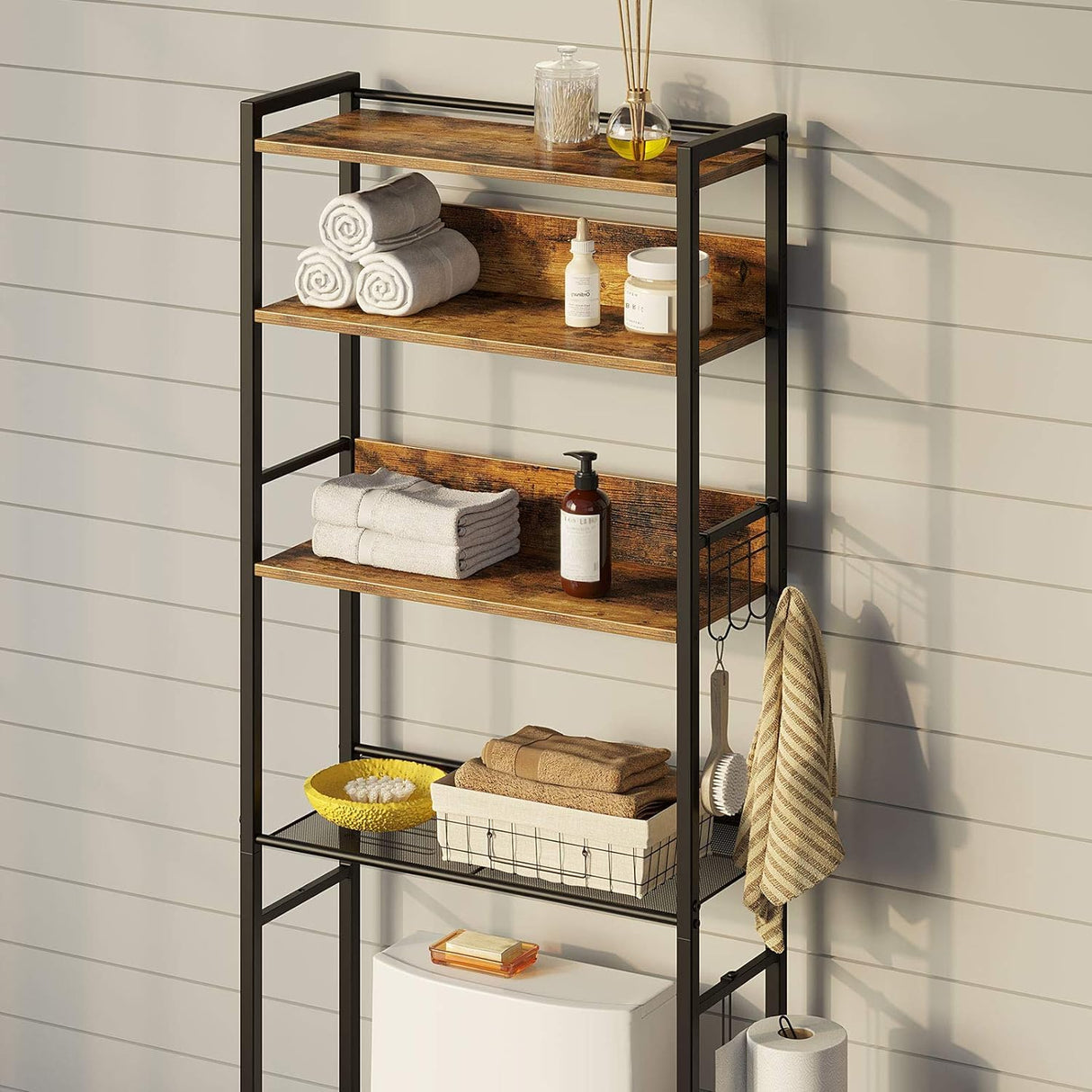 Rolanstar Over The Toilet Storage 4-Tier, Freestanding Bathroom Organizer, Sturdy Behind Toilet Rack with Hooks, Space-Saving Design, Fits Most Toilets, Rustic Brown Rolanstar