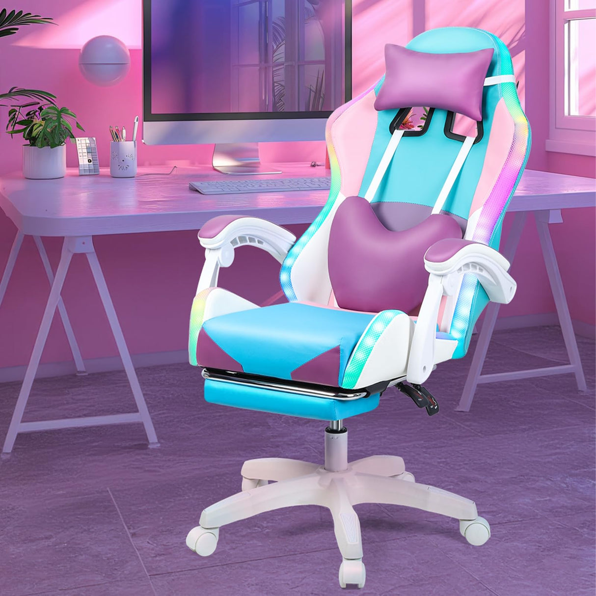 RFEGJVII Gaming Chair Massage with RGB LED Lights, Girl Video Chair, Adult Ergonomic Computer Chair Footrest, Reclining High Back Video Game Chair with Adjustable Lumbar Support Linkage Armrest ﻿ P RFEGJVII