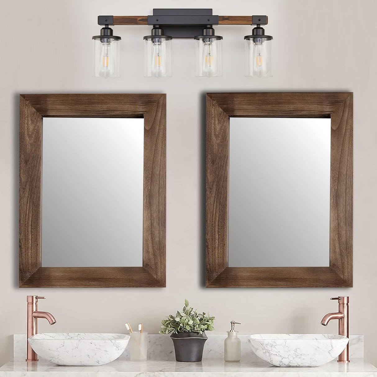 Feohak 4-Light Bathroom Vanity Light, Farmhouse Bathroom Light Fixtures Over Mirror, Rustic Industrial Wood Black Wall Lamp Sconce Light with Clear Glass Shade Feohak